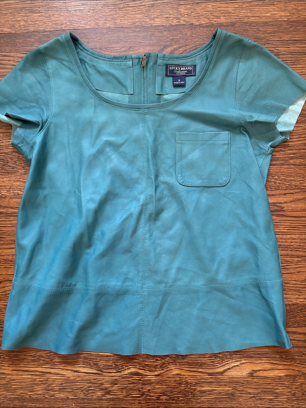 Lucky Brand Teal Scoop Neck Short Sleeve Leather Top with Patch Pocket